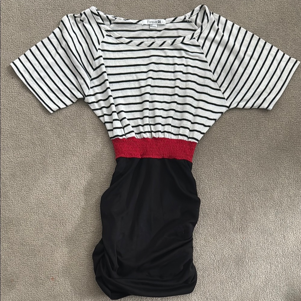 Striped Black and White Dress with Red Waist